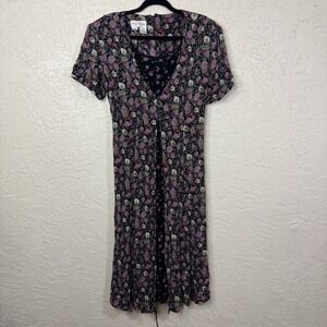 VTG 90s Floral Prairie Dress  Cottagecore Fairy Whimsigoth Crinkle Laceup Sz XS
